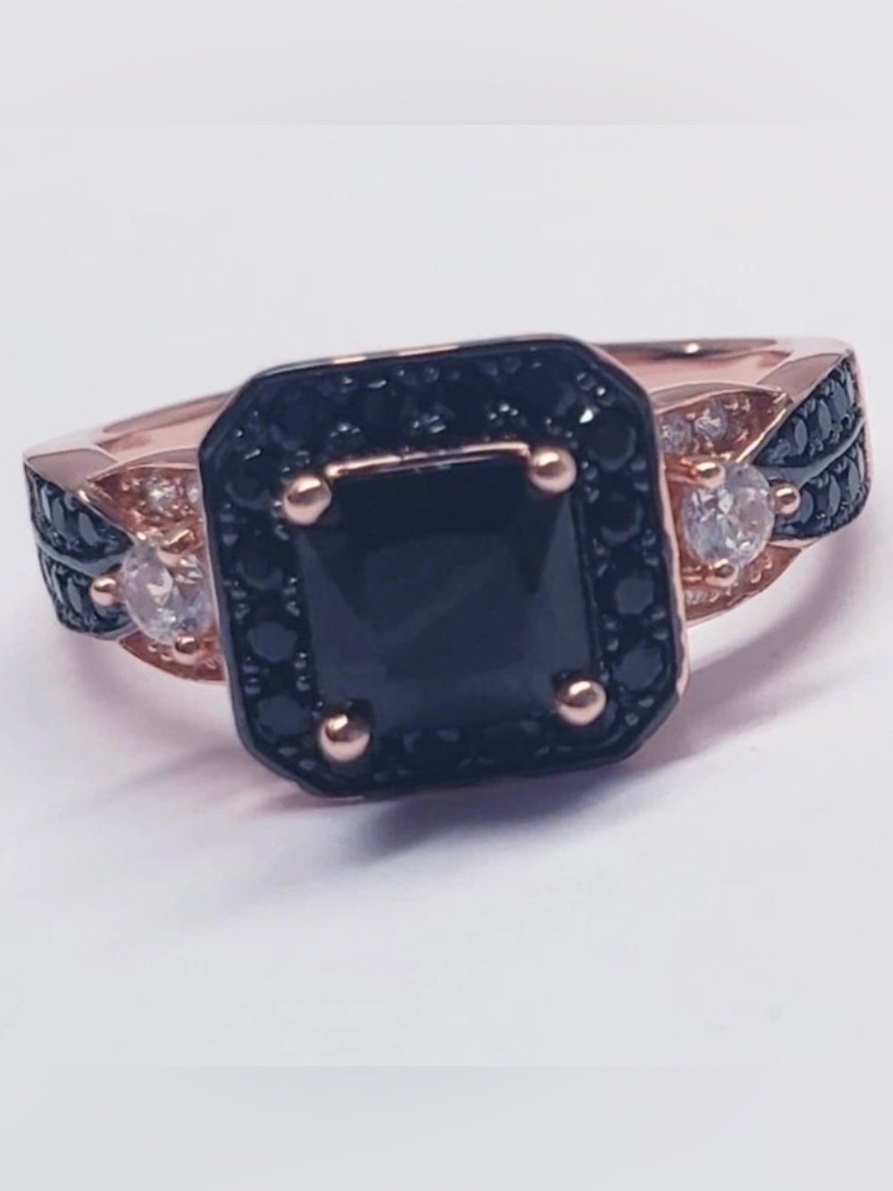 Rose Gold Black & White Square Halo Ring Stamped S925 Sterling Silver
